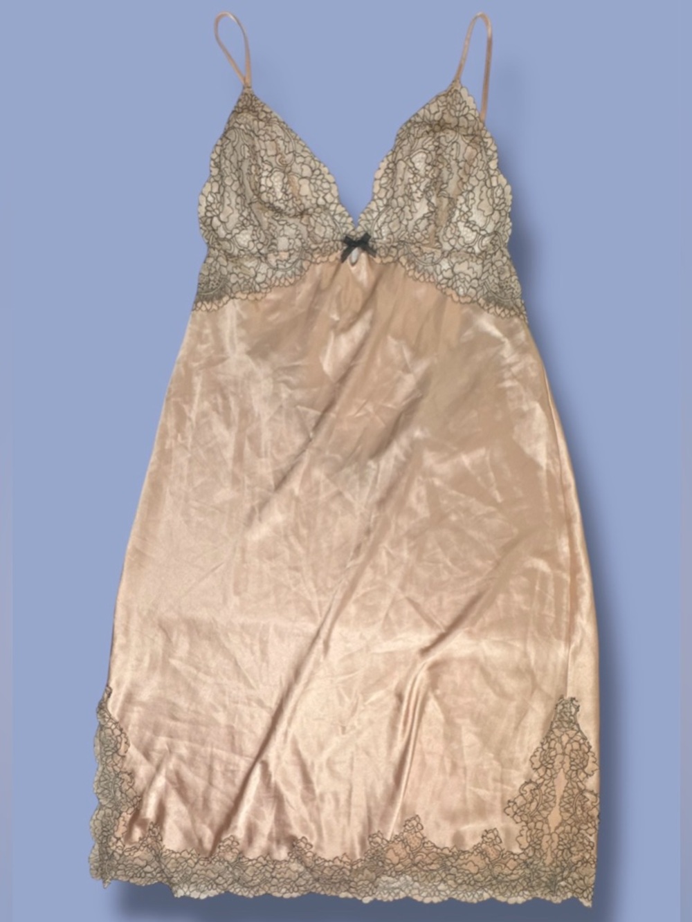 Victorias Secret Babydoll Slip Dress M Pink Champagne Satin Racerback Sheer Lace